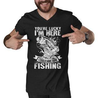 Fishing - Lucky Im Here Men V-Neck Tshirt - Seseable