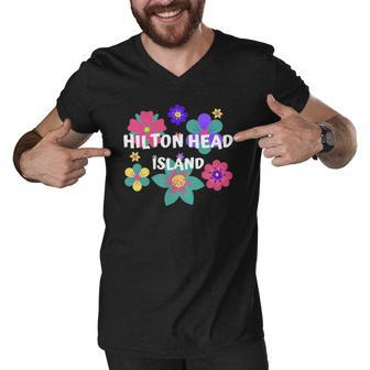 Floral Overlay Hilton Head Island Souvenir Flowers Pullover Men V-Neck Tshirt - Thegiftio UK