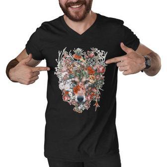 Flower Wolf Wilderness Floral Men V-Neck Tshirt - Monsterry