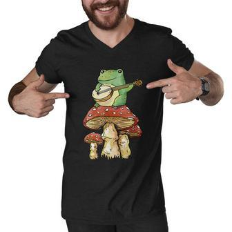 Frog Playing Banjo On Mushroom Cute Cottagecore Aesthetic Men V-Neck Tshirt - Monsterry