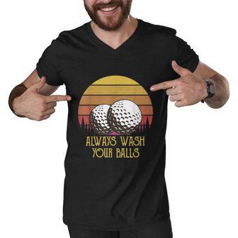 Funny Adult Humor Retro Sunset Golf Always Wash Your Balls Men V-Neck Tshirt - Monsterry