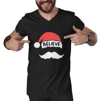 Funny Believe Santa Hat White Mustache Kids Family Christmas Men V-Neck Tshirt - Monsterry UK
