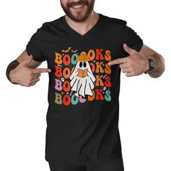 Funny Booooks Groovy Cute Ghost Book Retro Reading Halloween Men V-Neck Tshirt - Thegiftio UK