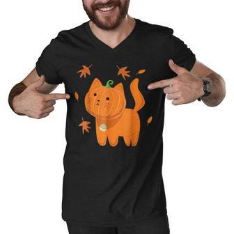 Funny Cat Pumpkin Halloween 2022 Jack O Lantern Cats Lovers Men V-Neck Tshirt - Thegiftio UK