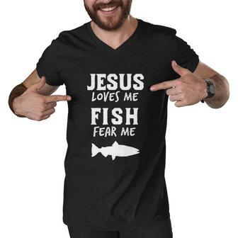 Funny Fishing Jesus Loves Fish Fear Me Christian Men V-Neck Tshirt - Monsterry UK
