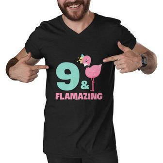 Funny Flamingo Girl Birthday Party 9 Years Old Men V-Neck Tshirt - Monsterry CA