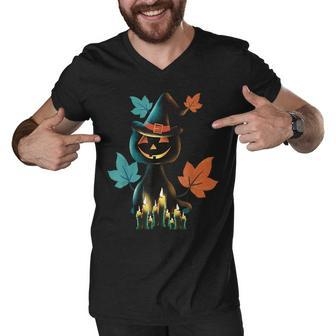 Funny Halloween Pumpkin Head Cat Lover Men V-Neck Tshirt - Thegiftio UK