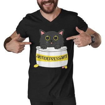Fur Antidepressant Cute Black Cat Illustration Pet Lover Men V-Neck Tshirt - Seseable