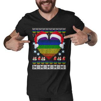 Gay Pride Heart Santa Ugly Christmas Sweater Tshirt Men V-Neck Tshirt - Monsterry UK