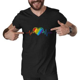 Gay Pride Rainbow Heartbeat Pulse Men V-Neck Tshirt - Monsterry UK