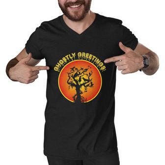 Ghostly Greetings Halloween Quote Men V-Neck Tshirt - Monsterry CA