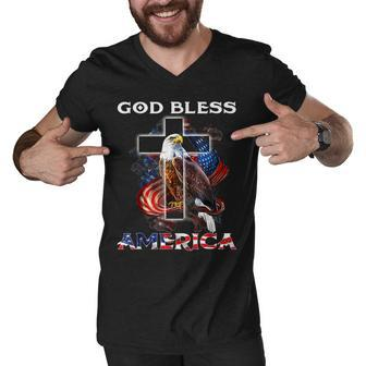 God Bless America Jesus Cross Bald Eagle 4Th Of July Us Flag Men V-Neck Tshirt - Seseable