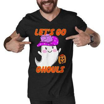 Groovy Lets Go Ghouls Floral Ghost Hippie Halloween Men V-Neck Tshirt - Thegiftio UK