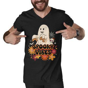 Groovy Spooky Vibes Vintage Floral Ghost Hippie Halloween V2 Men V-Neck Tshirt - Thegiftio UK