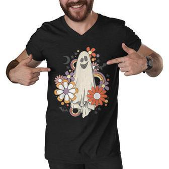 Groovy Vintage Floral Ghost Cute Halloween Spooky Season V2 Men V-Neck Tshirt - Thegiftio UK