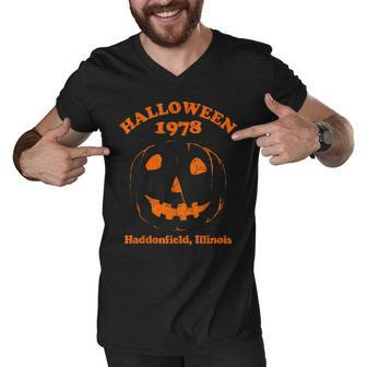 Halloween 1978 Holiday Spooky Haddonfield Pumpkin Illinois Men V-Neck Tshirt - Thegiftio UK