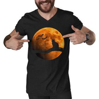 Halloween Black Cat Orange Full Moon And Bats Men V-Neck Tshirt - Seseable