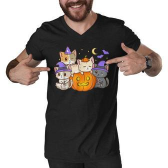 Halloween Cats Anime Cat Kawaii Neko Pumpkin Cat Lover Witch Men V-Neck Tshirt - Thegiftio UK