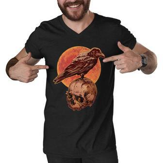 Halloween Cool Raven Crow Skull And Moon Men V-Neck Tshirt - Monsterry
