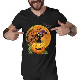 Halloween Cute Witch Cat Mom Pumpkin Moon Spooky Cat Men V-Neck Tshirt | Seseable CA