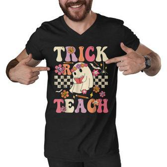 Halloween Trick Or Teach Retro Groovy Teacher Hippie Ghost V7 Men V-Neck Tshirt - Thegiftio UK