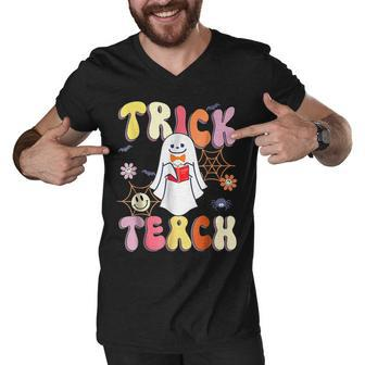 Halloween Trick Or Teach Retro Groovy Teacher Hippie Ghost V9 Men V-Neck Tshirt - Thegiftio UK