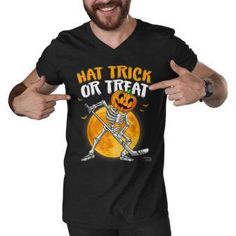 Hat Trick Or Treat Skeleton Pumpkin Ice Hockey Halloween Men V-Neck Tshirt - Thegiftio UK