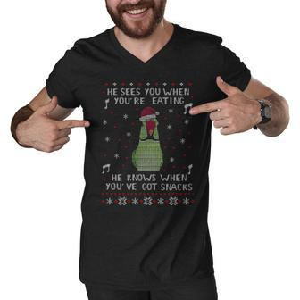 He Sees You When Youre Eating He Knows When Youve Got Snacks Ugly Xmas Men V-Neck Tshirt
