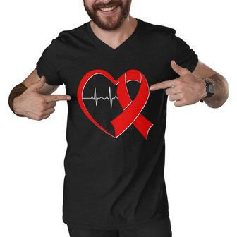 Heart Disease Health Awareness Heartbeat Red Ribbon Men V-Neck Tshirt - Monsterry AU