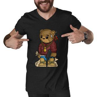Hip Hop Teddy Bear With Gun Get Money Rap Music Lover Gift Men V-Neck Tshirt - Monsterry