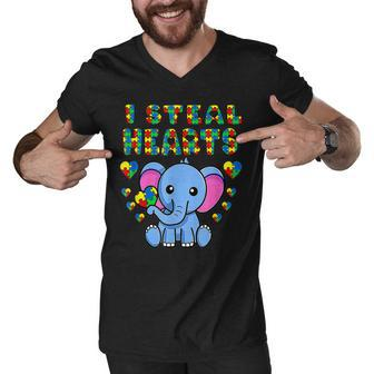 I Steal Hearts Autism Awareness Elephant Puzzle Piece Gift Men V-Neck Tshirt - Thegiftio UK