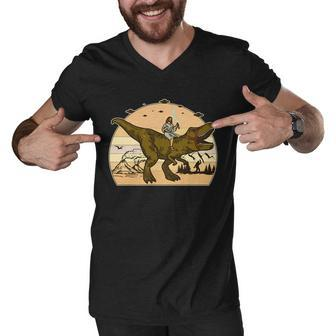 Jesus Riding T-Rex Dinosaur Funny Vintage Men V-Neck Tshirt - Monsterry