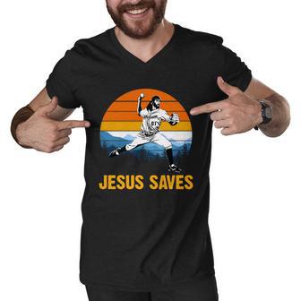 Jesus Saves Retro Baseball Pitcher Men V-Neck Tshirt - Monsterry