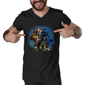 K-9 With Police Officer Silhouette Men V-Neck Tshirt - Monsterry