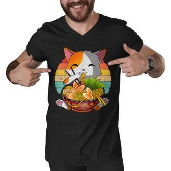 Kawaii Ramen Cat Japanese Neko Noodle Funny Vintage Anime Men V-Neck Tshirt - Thegiftio UK