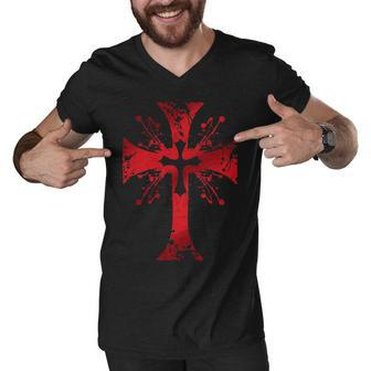 Knight Templar T Shirt - The Warrior Of God Bloodstained Cross - Knight Templar Store Men V-Neck Tshirt - Seseable