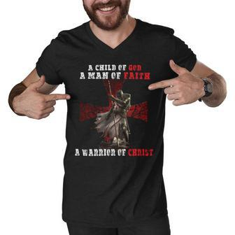 Knights Templar T Shirt - A Child Of God A Man Of Faith A Warrior Of Christ Men V-Neck Tshirt - Seseable