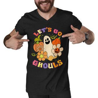 Lets Go Ghouls Retro Groovy Halloween Ghost Pumpkin Men V-Neck Tshirt - Thegiftio UK