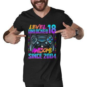 Level 18 Unlocked Awesome Since 2004 18Th Birthday Gaming Men V-Neck Tshirt - Seseable