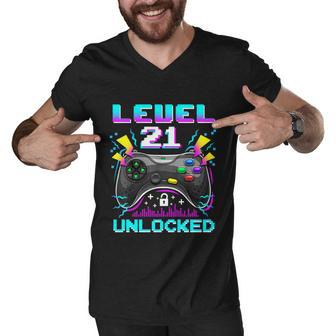 Level 21 Unlocked 21St Birthday Video Game Gift Birthday Gaming Men V-Neck Tshirt - Monsterry