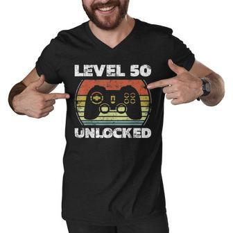 Level 50 Unlocked Funny Video Gamer 50Th Birthday Men V-Neck Tshirt - Seseable