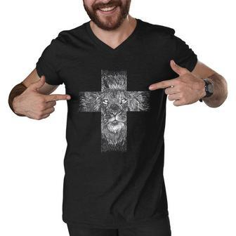 Lion Cross Men V-Neck Tshirt - Monsterry CA