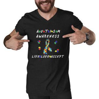 Live Love Accept Autism Puzzle Piece Ribbon Men V-Neck Tshirt - Monsterry UK