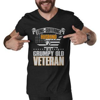 Long Suffering Husband Of A Grumpy Old Veteran Men V-Neck Tshirt - Thegiftio UK