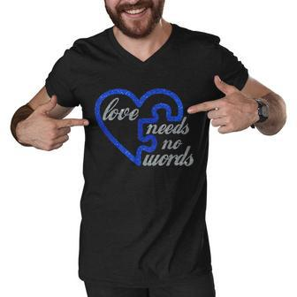 Love Needs No Words Autism Awareness Heart Puzzle Men V-Neck Tshirt - Monsterry