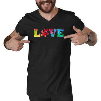 Love Puzzle Pieces Heart Autism Awareness Tie Dye Gifts Men V-Neck Tshirt | Mazezy