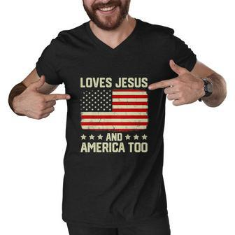 Loves Jesus And America Too Usa Patriotic Funny Christian Men V-Neck Tshirt - Monsterry