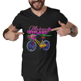 Mackinac Island Michigan Vintage Bike Flowers Graphic Design Printed Casual Daily Basic Men V-Neck Tshirt - Thegiftio UK