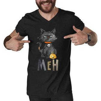 Meh Cat Black Funny For Women Funny Halloween Men V-Neck Tshirt - Seseable