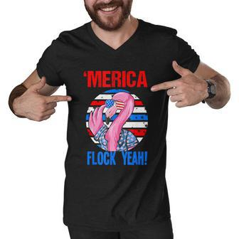 Merica Flock Yeah 4Th July Funny Patriotic Flamingo Men V-Neck Tshirt - Monsterry
